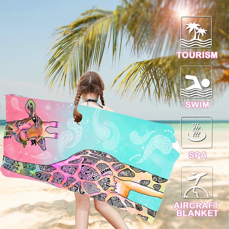 Bonsai Tree Giraffe Beach Towel, Cute Funny Teal Pink Mandala Giraffe Microfiber Bath Towel Gifts for Kids Women, Colorful Abstract Trippy Sand Free Quick Dry Travel Towels for Yoga Sports 30" x 60" - Image 4